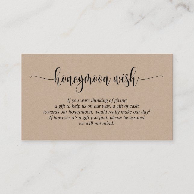 Wedding Honeymoon Wish or Fund, Brown Kraft Enclosure Card (Front)