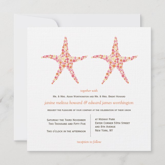Wedding Honeysuckle Peach Starfish Beach Invite (Front)