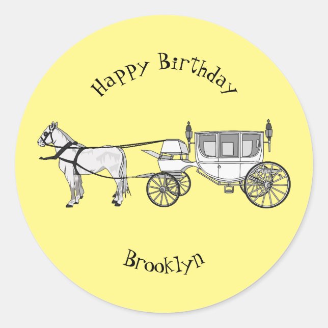Wedding horse & carriage cartoon illustration classic round sticker (Front)
