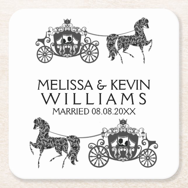 Wedding Horses & Carriage Illustration Square Paper Coaster (Front)