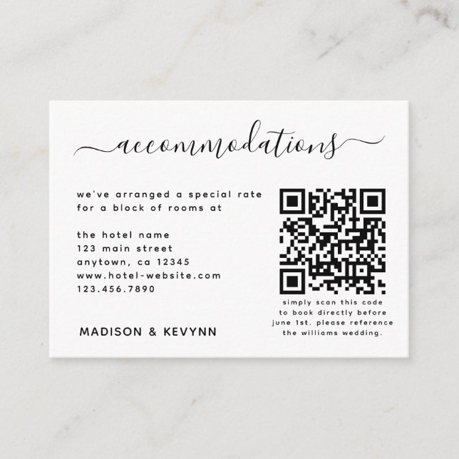 Wedding Hotel Accommodation QR Code  RSVP Simple Enclosure Card (Front)