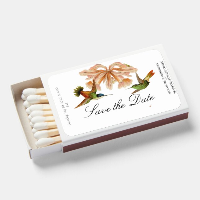 Wedding Hummingbird Blush Pink Save the Date Matchboxes (Front Open)