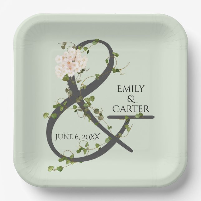 Wedding Hydrangea and Ivy Ampersand  Paper Plates (Front)