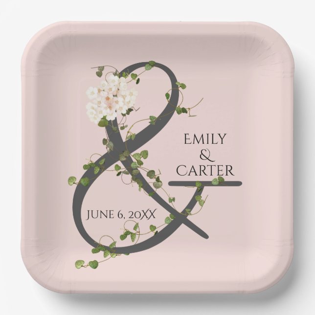 Wedding Hydrangea and Ivy Ampersand  Paper Plates (Front)
