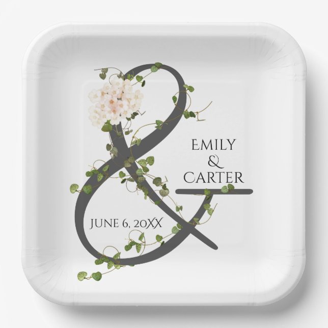 Wedding Hydrangea and Ivy Ampersand  Paper Plates (Front)