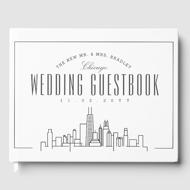 Wedding In Chicago | Modern Deco Skyline Guest Book (Front)