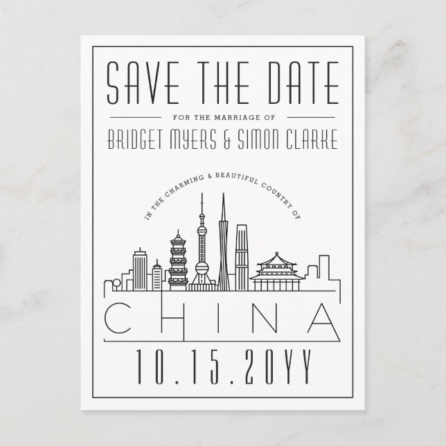 Wedding in China | Stylized Skyline Save the Date Postcard (Front)