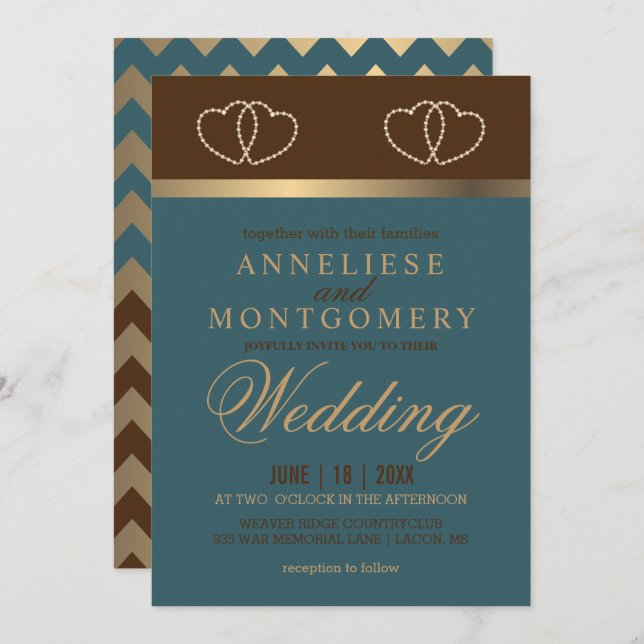 Wedding in Chocolate and Dark Teal Invitation (Front/Back)