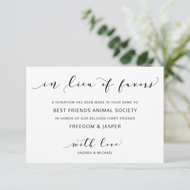 Wedding In Lieu of Favors Charity Donation Thank You Card (Standing Front)