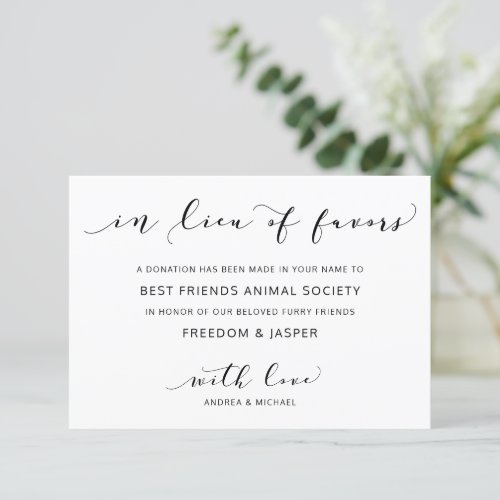 Wedding In Lieu of Favors Charity Donation Thank You Card