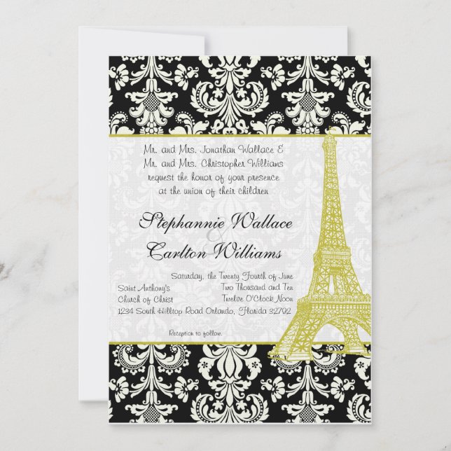 Wedding in Paris Black Damask Invitation (Front)