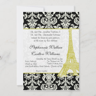 Wedding in Paris Black Damask Invitation