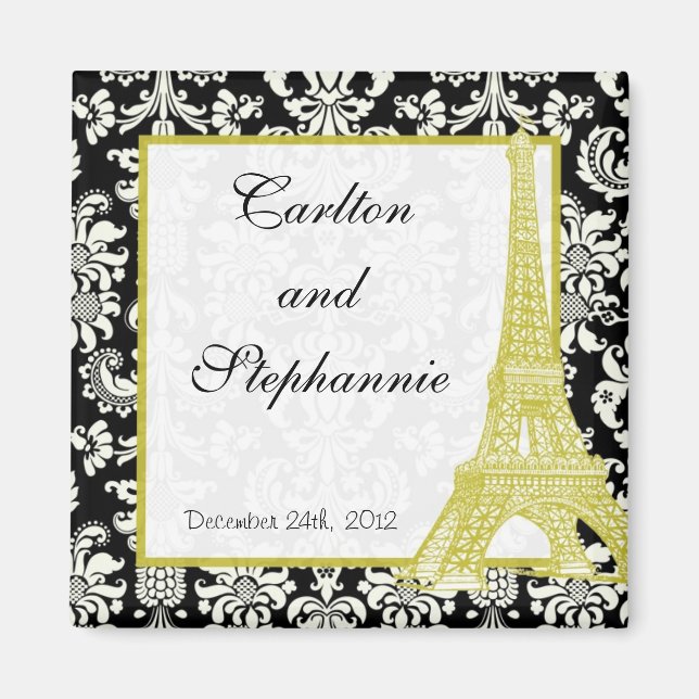 Wedding in Paris Black Damask Magnet Favor (Front)