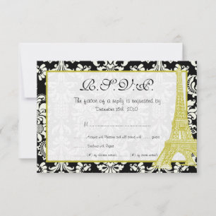 Wedding in Paris Black Damask RSVP Card