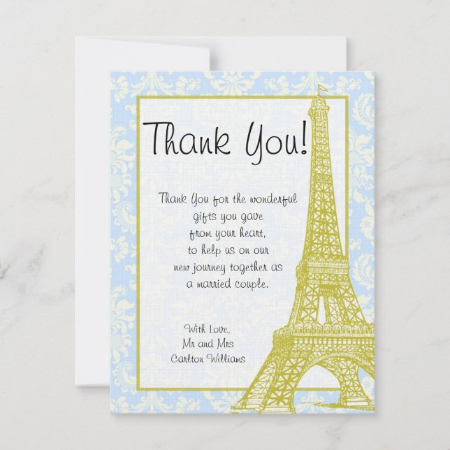 Wedding in Paris Blue Damask Flat Thank You Card (Front)