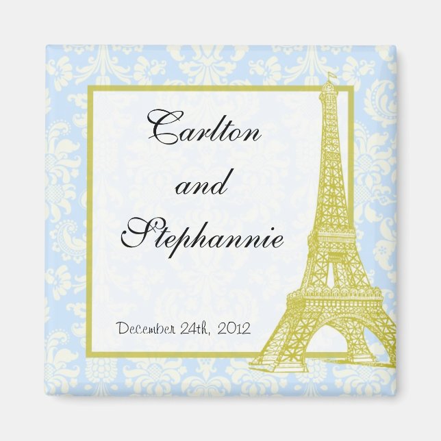 Wedding in Paris Blue Damask Magnet Favor (Front)