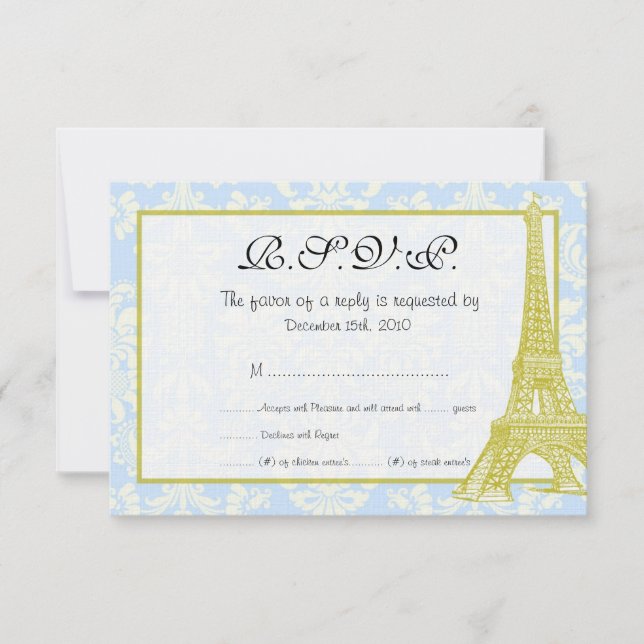 Wedding in Paris Blue Damask RSVP Card (Front)