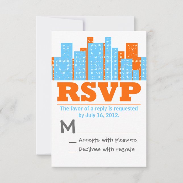 Wedding In The City Orange And Blue RSVP Cards (Front)