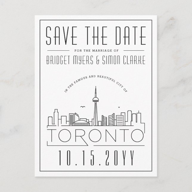 Wedding in Toronto, Canada Skyline Save the Date Postcard (Front)
