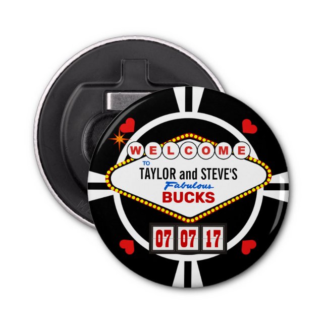 Wedding in Vegas Casino Bucks Poker Chip Bottle Opener (Front)
