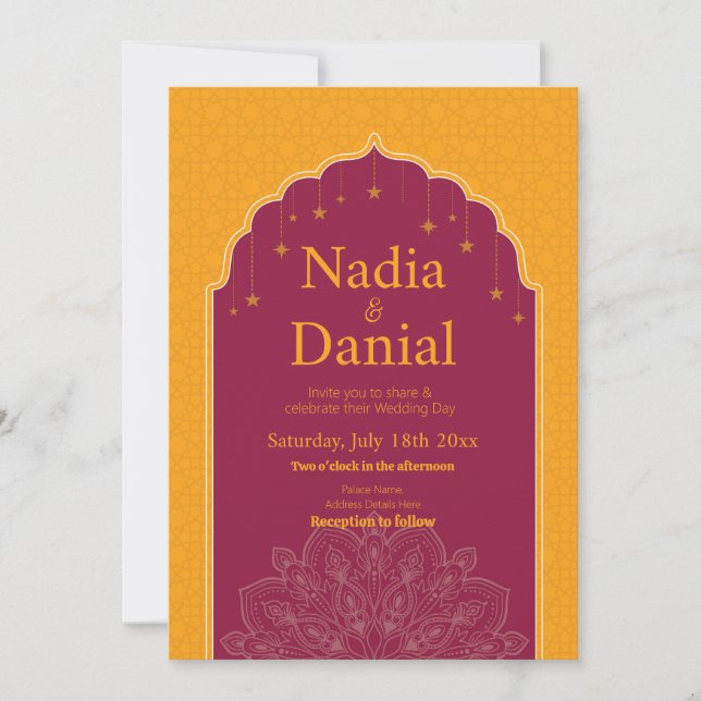 Wedding Indian Temple Palace Mustard Stars Invitation (Front)