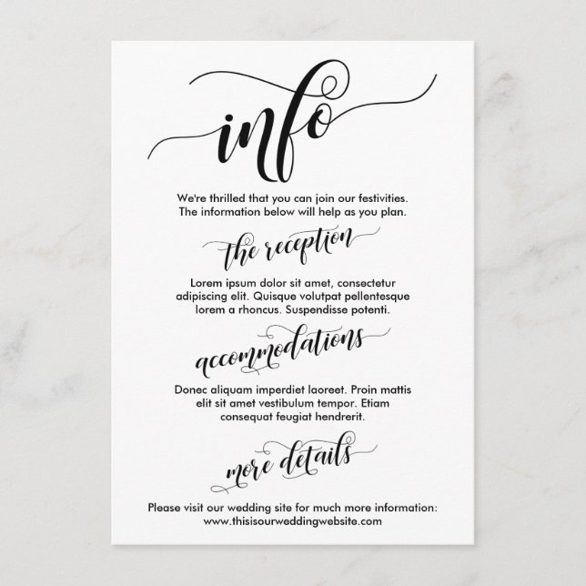 Wedding Info Simple Black & White Elaborate Script Enclosure Card (Front)