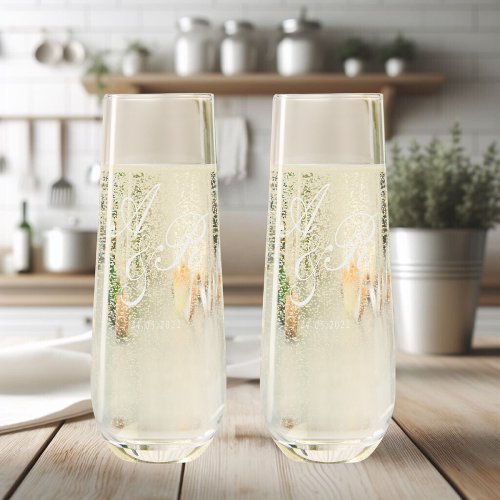 Wedding Initial and Date  Personalized Gift Stemless Champagne Flute