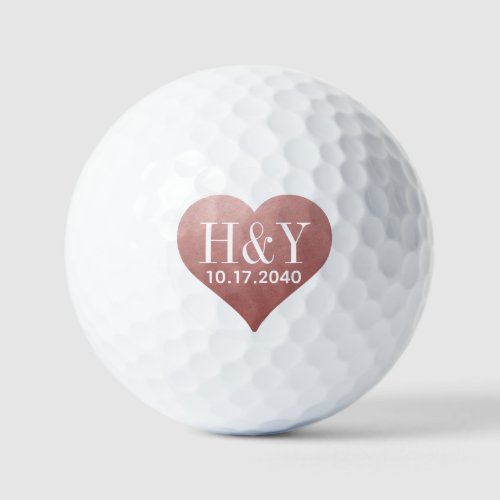 Wedding Initial Date Rose Gold Pink Heart  Golf Balls