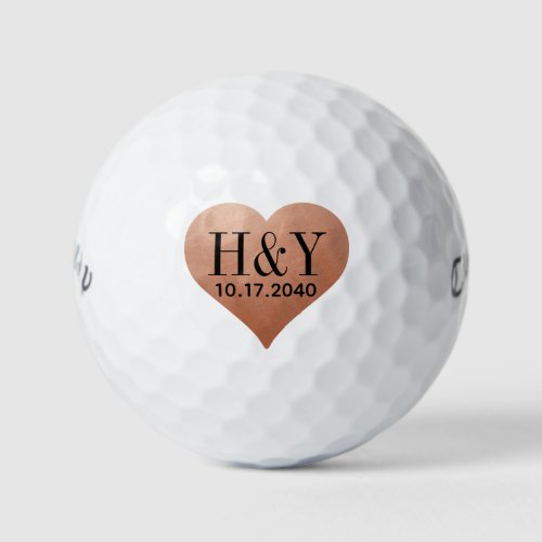 Wedding Initial Monogram Date Copper Heart Golf Balls