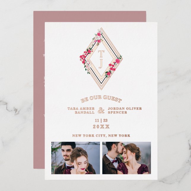 Wedding Initials 2 Photos Real Rose Gold Effect  Foil Invitation (Front/Back)