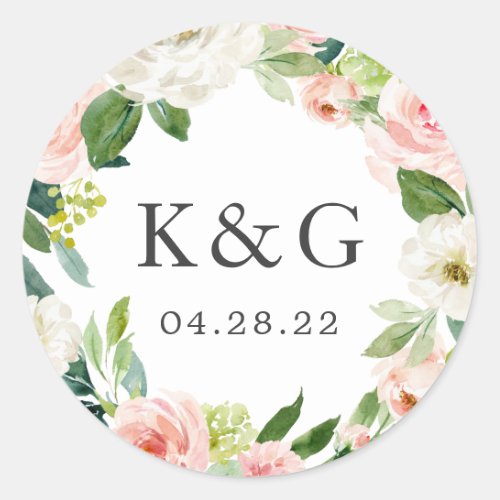 Wedding Initials Blush Pink Floral Wreath Classic Round Sticker