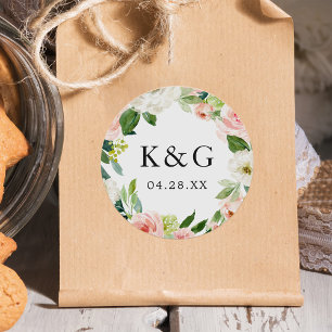 Wedding Initials Blush Pink Floral Wreath Classic Round Sticker