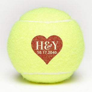 Wedding Initials Monogram Date Red Heart  Tennis Balls