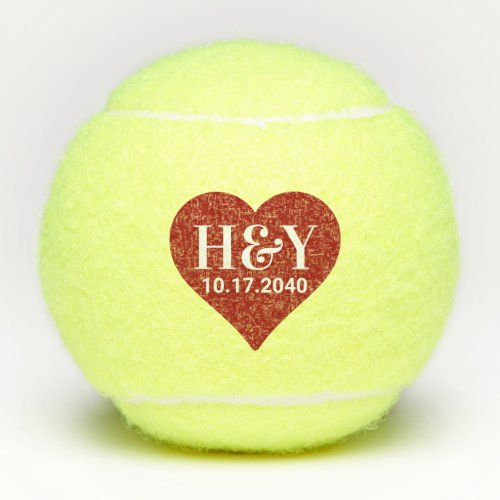 Wedding Initials Monogram Date Red Heart  Tennis Balls