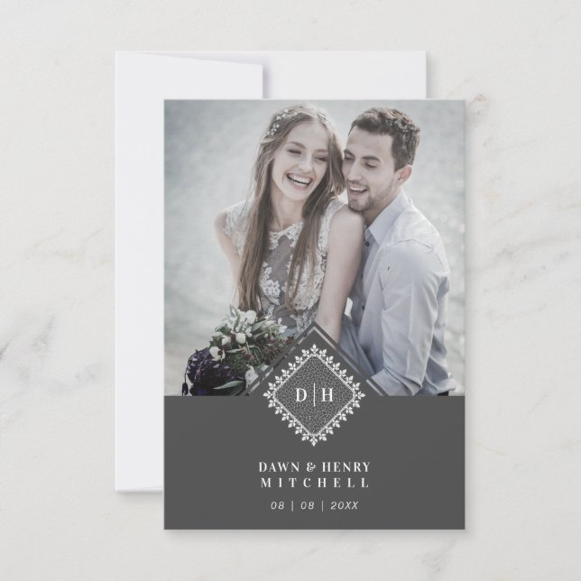 Wedding Initials Ornamental Lace Sophisticated Thank You Card (Front)