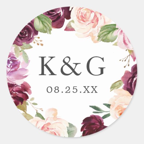 Wedding Initials Plum Purple Blush Floral Wreath Classic Round Sticker - Wedding Initials Plum Purple Blush Floral Wreath Sticker. 
(1) For further customization, please click the "customize further" link and use our design tool to modify this template. 
(2) If you need help or matching items, please contact me.