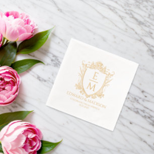 Wedding Initials & Vintage Wedding Floral Crest  Foil Napkins