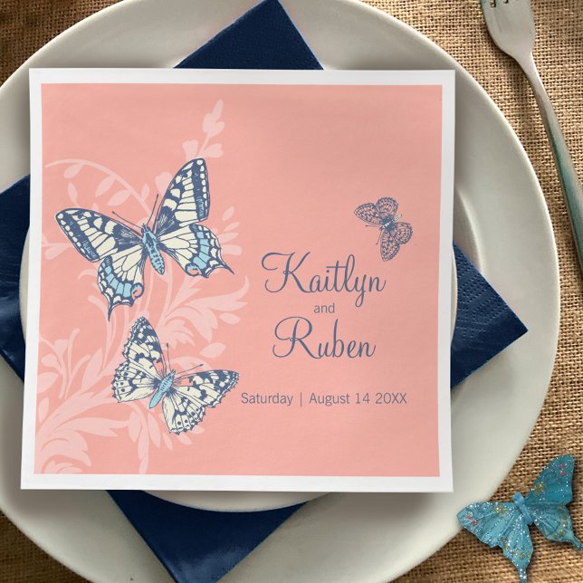 Wedding ink art butterflies coral and muted blue napkins (Creator Uploaded)