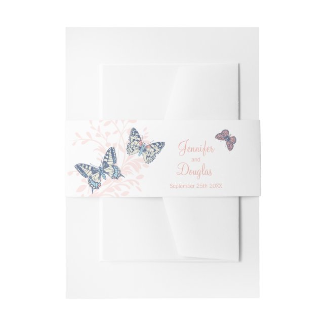 Wedding inked art butterflies coral dark blue invitation belly band (Front Example)