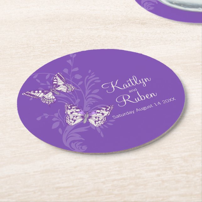 Wedding inked art butterflies pink paper coasters (Angled)
