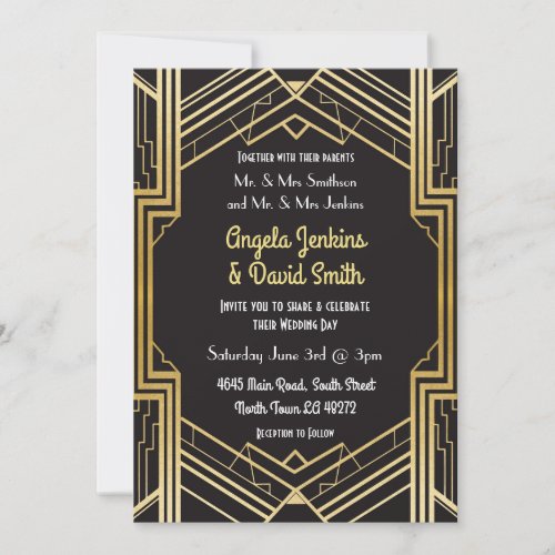 Wedding Invitation 1920s Black  Gold Art Deco