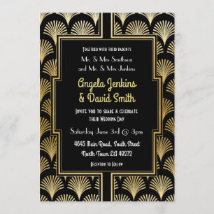 Wedding Invitation 1920's Black Gold Art Deco Fan