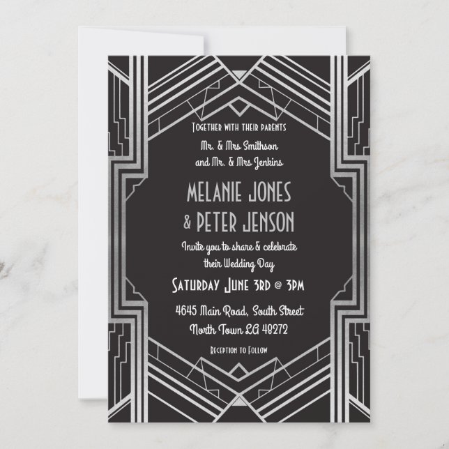 Wedding Invitation 1920's Black & Silver Art Deco (Front)