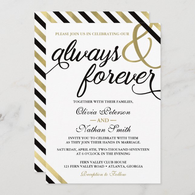 Wedding Invitation, Always & Forever, Black, Gold Invitation (Front/Back)