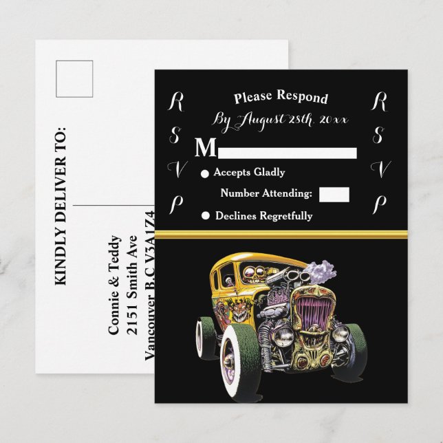 Wedding Invitation and Yellow Hot Rod Postcard (Front/Back)