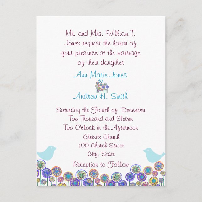 Wedding Invitation Aqua Blue  & Plum Swirls (Front)