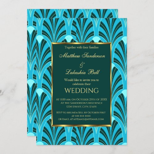 Wedding Invitation Art Deco Dark Green Blue Teal