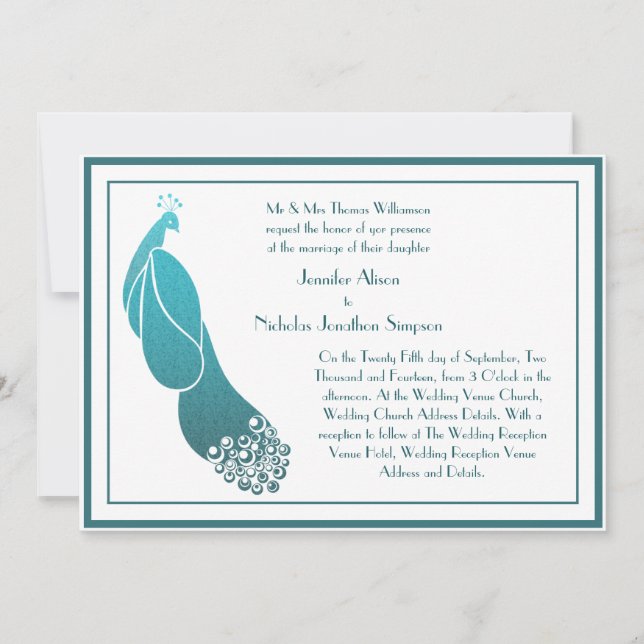 Wedding Invitation Art Deco Peacock in Teal Green (Front)