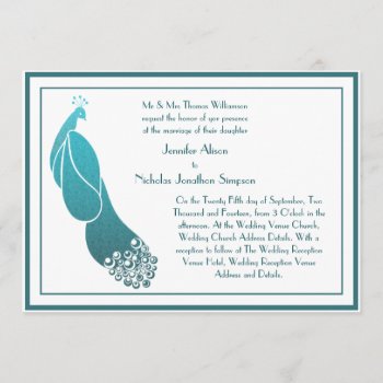 Wedding Invitation Art Deco Peacock In Teal Green by Truly_Uniquely at Zazzle