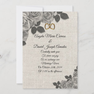 Wedding Invitation black and white roses on linen